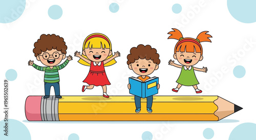 Four cheerful children riding on a large yellow pencil illustration