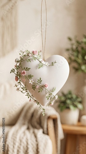 Heart-shaped ornament hangs softly, adorned with delicate blooms