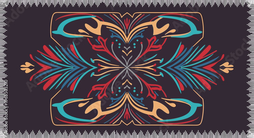 Symmetrical Bohemian Folk Art Ornament with Ethnic Tribal Patterns and Decorative Border on Dark Background