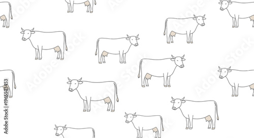 Seamless Pattern with Hand Drawn Minimalist Cow Illustrations on White Background for Farm and Dairy Design
