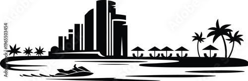Beachfront hotel with jet ski and palm trees waterscape silhouette