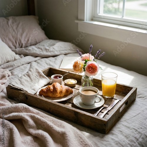 Soft morning light bathes a cozy bedroom scene