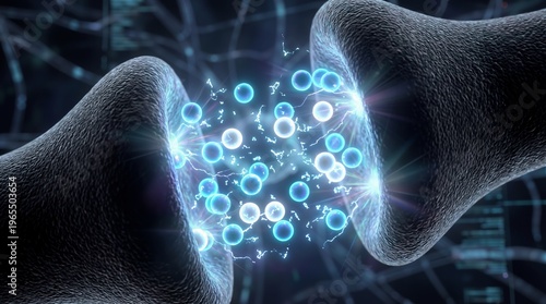 Neuron synapse transmitting electrical signals through neurotransmitters. Brain cell communication, cognitive function and nervous system connectivity. Scientific visualization of biology