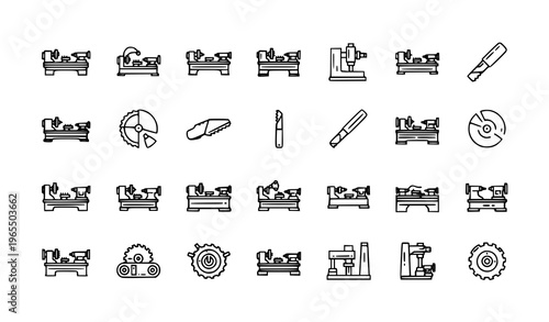 Lathe outline icon set with metalworking machines tools and machining symbols for industrial web design