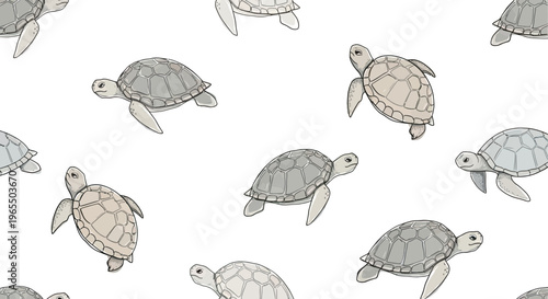 Seamless Pattern of Hand Drawn Sea Turtles Swimming, Marine Life Vector Illustration on White Background