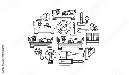 Minimal lathe machine outline icons in circular layout with machining tools and industrial equipment vector set