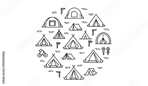 Minimal camping tent outline icons in circular layout with dome shelters and outdoor travel symbols vector