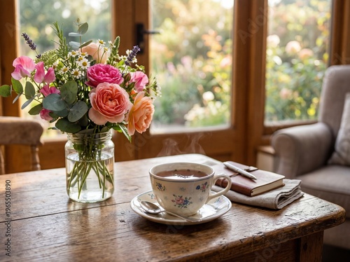 Cozy tea moment by sunlit window