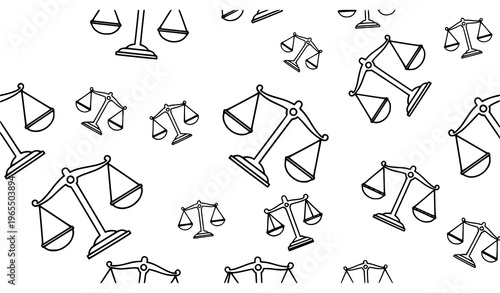Justice scale seamless pattern with scattered legal balance icons in simple outline style vector illustration