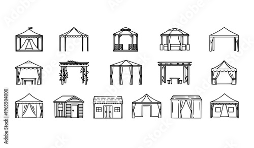 Canopy gazebo shed and tent icon collection with outdoor structures in simple outline vector style