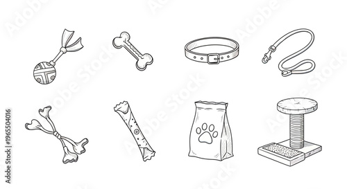 Hand-drawn pet supplies and accessories icon set for dog and cat care, isolated vector illustration in sketch style