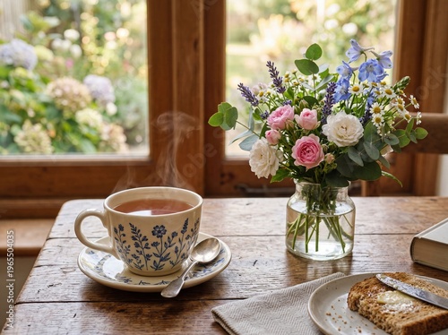 Warm steam rises from a floral teacup
