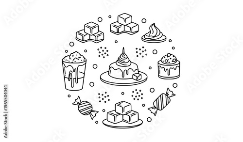 Minimal salted caramel outline icons in circular layout with candy cubes sauce and dessert topping symbols