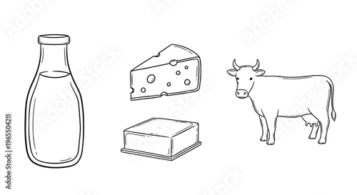 Dairy Products Collection Vector Illustration Featuring Milk Bottle, Cheese Wedge, Butter, and Cow Line Art