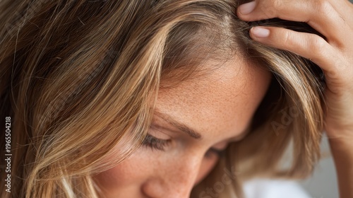 Woman checking her scalp experiencing hair loss concern