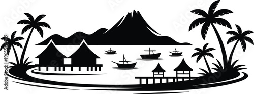 Tropical island landscape with palm trees, bungalows, boats, and pier