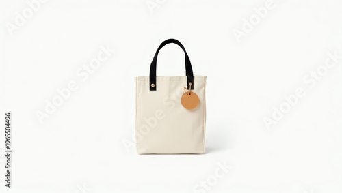 Minimalist beige tote bag with a round wooden tag and black handles