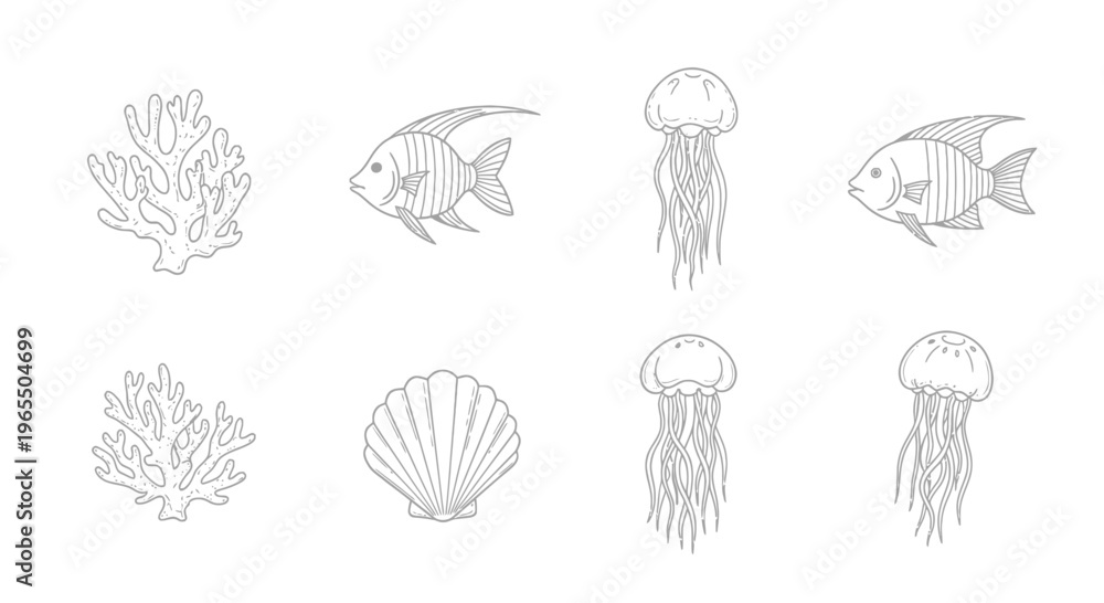 Obraz premium Collection of Minimalist Vector Line Art Illustrations of Marine Life Including Tropical Fish, Jellyfish, Coral Reef and Shell