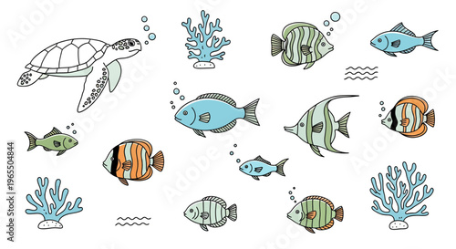 Vector Collection of Hand-Drawn Sea Animals including Sea Turtle, Tropical Fish, and Coral Isolated on White Background