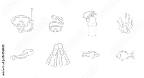 Scuba diving and snorkeling equipment line art icon set featuring mask, snorkel, air tank, fins, and sea life isolated on white background