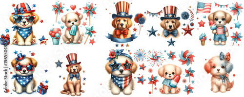 Patriotic Dogs Clipart, Cute 4th of July Puppies Bundle