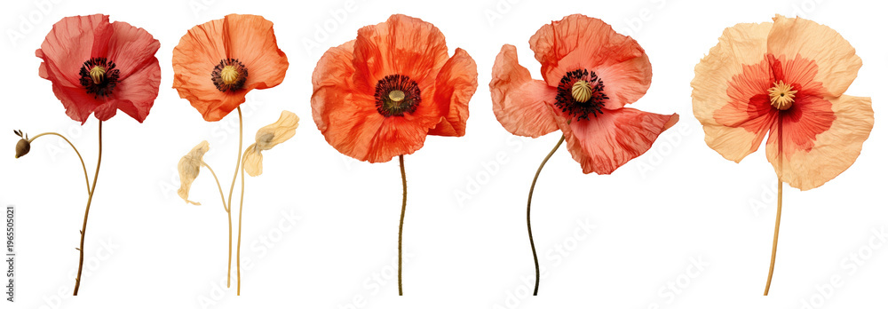 Fototapeta premium PNG Vibrant pressed poppy flowers on transparent background