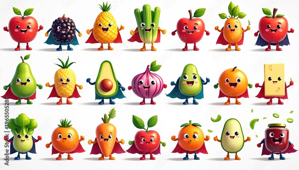 Obraz premium Cute cartoon fruits vegetables wear superhero capes. They promote healthy eating kids education. Characters show strength vitality for wellness. Fun food group.