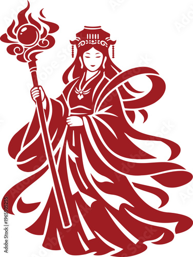 Mazu with Magical Staff in Flowing Robes Minimalist Vector Illustration