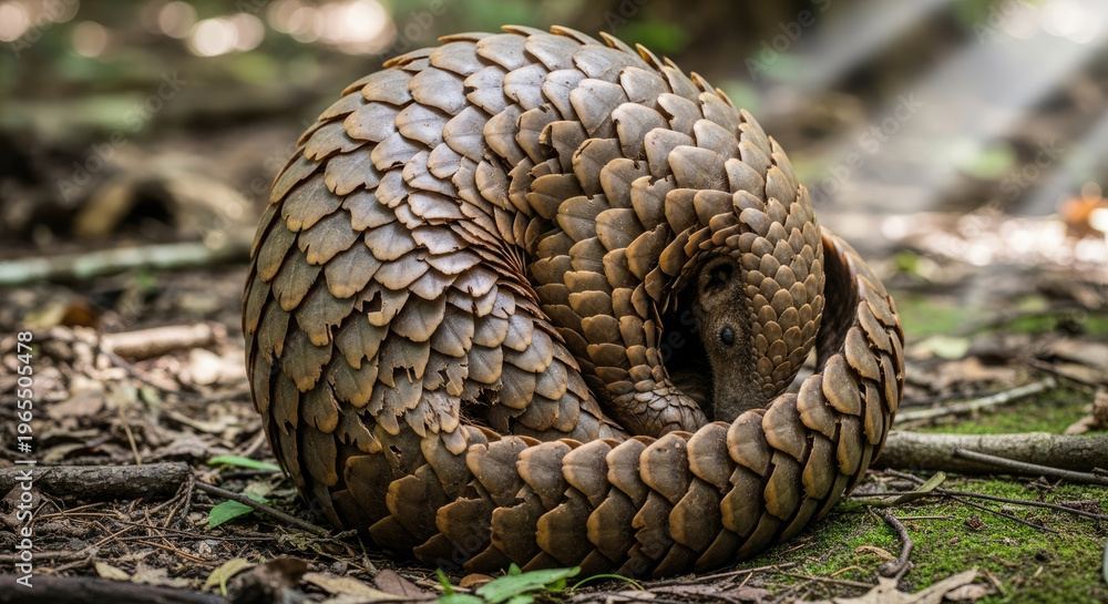Fototapeta premium A pangolin curled into a ball on forest ground.