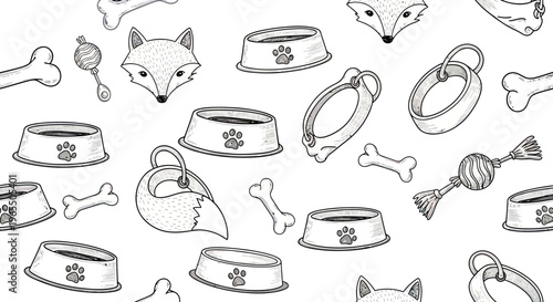 Seamless Pattern with Hand Drawn Pet Supplies and Fox Heads; Black and White Vector Illustration for Animal Care and Pet Shop Background