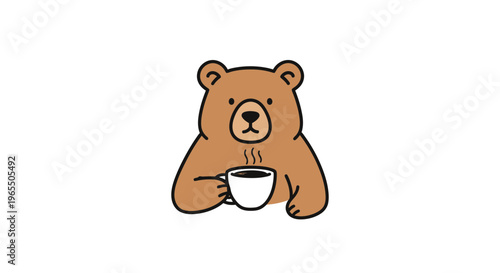 Cute brown bear holding a cup of hot coffee, minimalist animal vector illustration on white background
