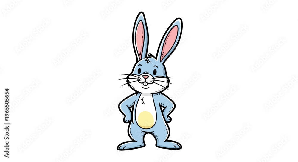 Obraz premium Cute Blue Cartoon Bunny Character Standing with Hands on Hips, Mascot Vector Illustration Isolated on White