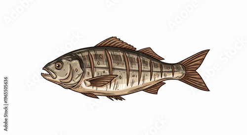 Detailed illustration of a grilled fish with open mouth on a white background