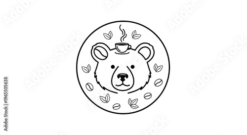 Minimalist bear head logo with coffee cup and beans line art vector illustration