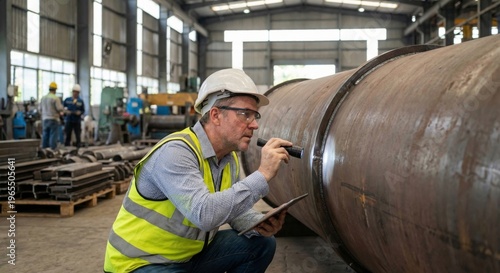 Factory inspector examining weld on large industrial pipe with flashlight and tablet