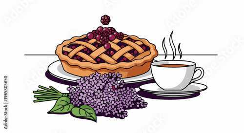 Delicious berry pie with a hot cup of tea and fragrant lilacs