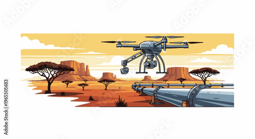 Drone surveys arid landscape with pipes and mesas under hazy sky