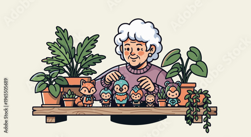 Elderly woman arranges cute potted plants and animal figurines on a shelf