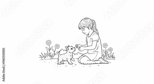 A girl kneels in a grassy field, offering a treat to a small dog