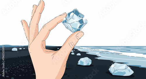 Hand holding sparkling ice crystal on black sand beach near ocean