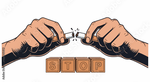Hands break cigarette above blocks spelling "STOP