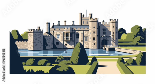 A fortified medieval castle sits serenely by a tranquil moat, surrounded by greenery