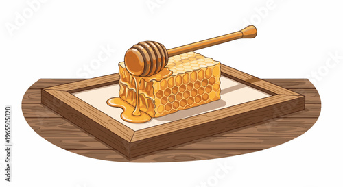 Honeycomb dripping on a wooden tray and table