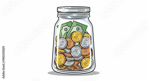 A glass jar filled with various currency coins and paper money