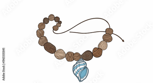 A hand-drawn necklace with wooden beads and a blue shell pendant