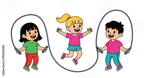 Three cheerful children joyfully jumping rope outdoors on a sunny day