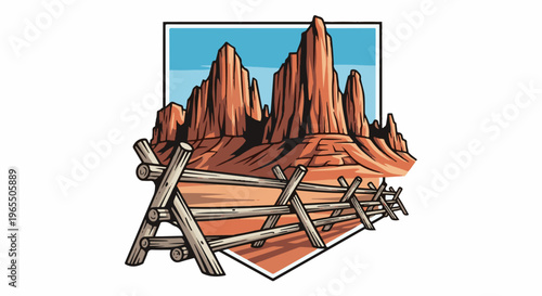 Jagged desert rock formations framed by blue sky and weathered wooden fence