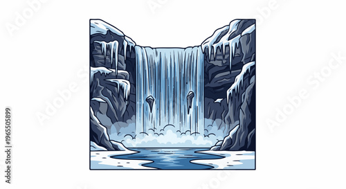 A pixelated frozen waterfall cascading into a icy blue pool