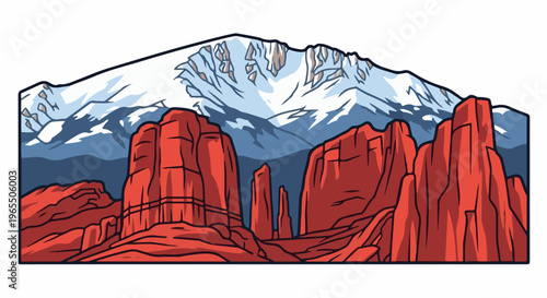 A stylized depiction of a desert canyon with snow-capped mountains in the background