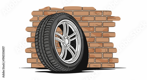 A tire leans against a cracked brick wall, casting a shadow